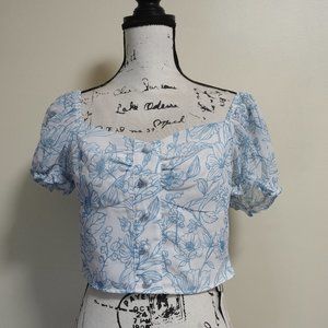 Floral Print Square Neck Puff Sleeve Crop Blouse